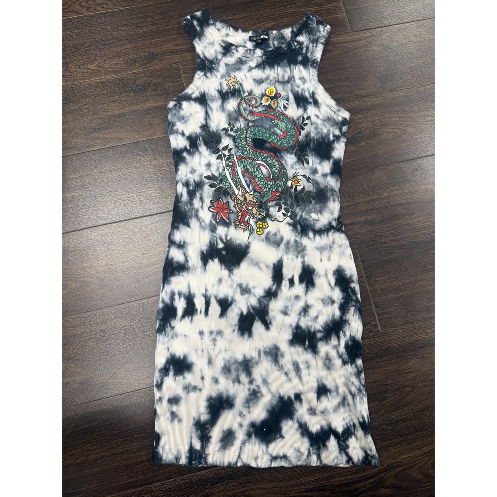 Fashion Nova Black‎ & White Tie-Dye Dragon Ribbed Bodycon Mini Dress - Size L